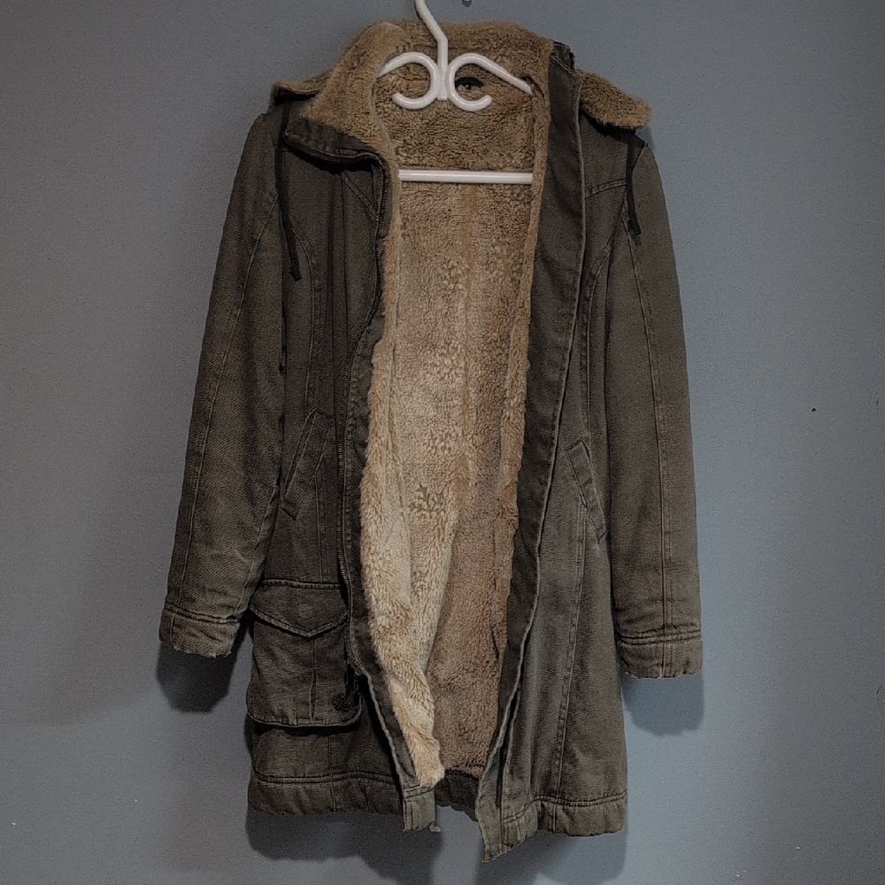 HempHoodLamb Distressed Olive Green Sherpa-Lined Parka Jacket Size Small